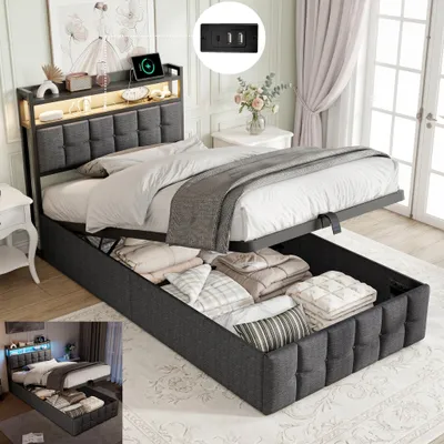 Image de Lit rembourré INONEFT 90x200 cm avec éclairage LED et ports USB de type C, lit à lattes avec système hydraulique et espace de rangement, lit simple pour enfant avec sommier à lattes et coffre de lit, couleur gris lin