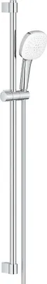 A shower head on a sliding bar.
