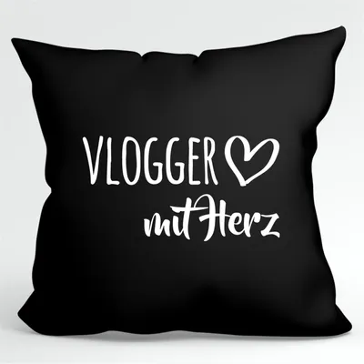 Produktbild von Huuraa Kissen Vlogger mit Herz 40x40cm mit Füllung Black Baumwolle Dekokissen Geschenkidee