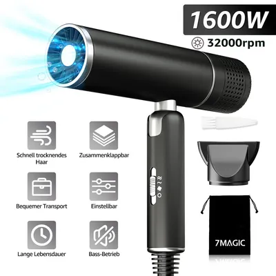 Produktbild von 7Magic Professional Ionen Haartrockner, Fön Mit 32,000 RPM High-Speed Bürstenlosem Geräuscharm Motor, 2 Speeds & 3 Temperaturen, Schwarz