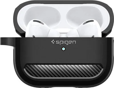 A black Spigen Rugged Armor case for Apple AirPods Pro, with the AirPods inside the case.