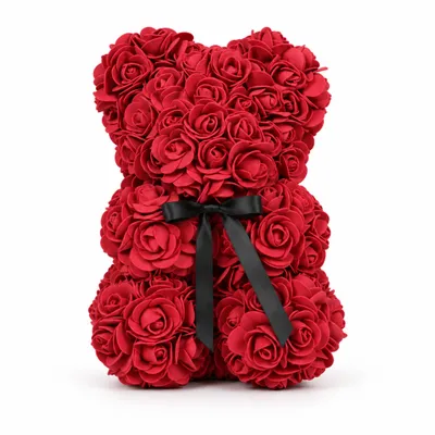 Produktbild von Rosenbär 25 cm – Teddybär aus Rosen mit Schleife, ewige Kunstrosen, romantisches Geschenk für Freundin & Valentinstag – Bordeaux