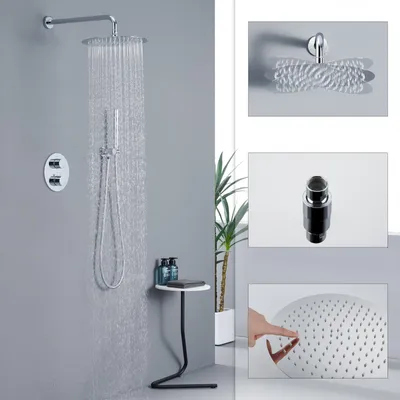 A shower system with a large overhead shower head and a handheld shower wand, shown in a modern bathroom setting with a small side table and a plant. Smaller inset images highlight specific features of the shower system.