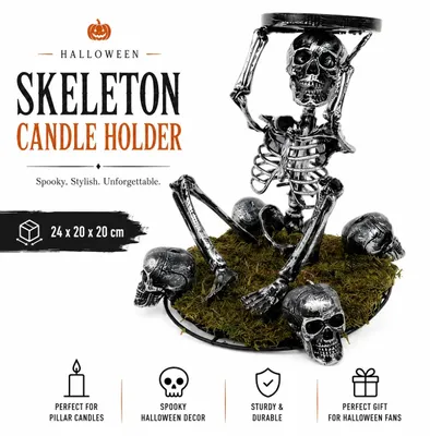 Productafbeelding van Kandelaar met schedel - Halloween decoratie - Kunststof - Tafeldecoratie - 24 × 20 × 20 cm