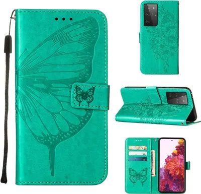 Produktbild von Galaxy S21 Ultra 5G Hülle, Schmetterling Prägung Flip Leder Kartenfächer Schutzhülle Ledertasche mit Ständer für Samsung Galaxy S21 Ultra 5G Grün
