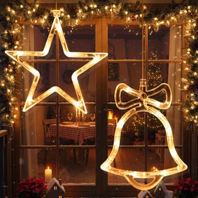 Productafbeelding van LED kerststerren, raamverlichting, 2 stuks, warmwit, LED ster met belletjes, verlichting voor ramen, hanglampen, op batterijen, kerstdecoratie, voor de deur, huis, feest, decoratie