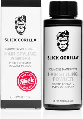 A product shot of Slick Gorilla hair styling powder and its packaging.