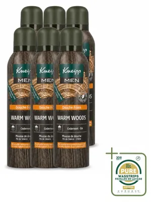 Imagen del producto de 6 unidades de espuma de ducha para hombre Kneipp, línea Warm Woods, 200 ml cada una. Paquete de suministro