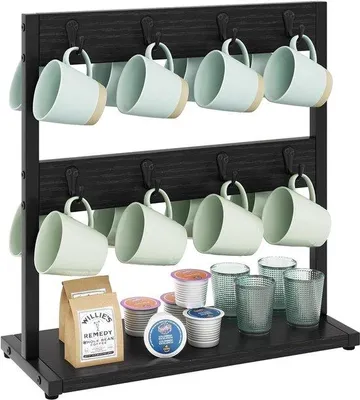 Produktbild von Famanu Halter für Tassen mit 16 Haken + Ablage – Tassenbaum Organizer für die Arbeitsplatte – Schwarz