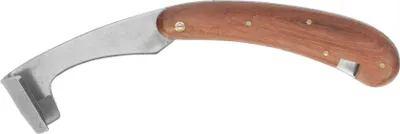 A single tool with a curved metal blade and a wooden handle, isolated on a white background.