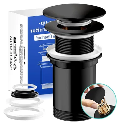 Produktbild von Waschbecken Ablaufgarnitur G11/4, Messing, Pop Up Ablaufventil für allgemeine Waschbecken, Waschbeckenstöpsel mit Sieb für Haare (Schwarz, ohne Überlauf)