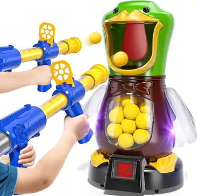 Produktbild von Hungry Duck Spielzeug ab 3 Jahre, Geschicklichkeitsspiel mit 2 Pistolen und 48 Schaumstoffbällen, Lustiges Spiel für Kinder, Geschenk 3 Jahre Junge