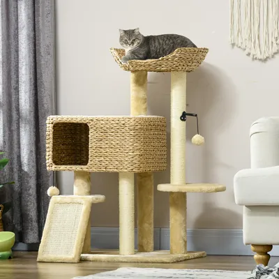 Produktbild von SUGIFT Katzenbett, Kratzbaum mit Katzenhöhle, Rampe, Wasserhyazinthe, Sisalseil, Plüsch, Beige | Spanplatte | 9,15 kg | 60x40x98 cm
