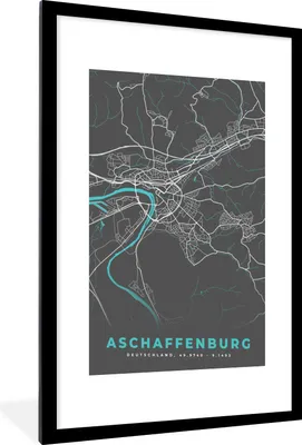 Produktbild von MuchoWow® Gerahmtes Poster Stadtplan - Karte - Aschaffenburg - Blau - Deutschland - Karte 60x90 cm - Poster mit Schwarzem Bilderrahmen Wandposter Rahmen Foto Bilder - Dekoration - Wandposter Wohnzimmer - Hochwertig