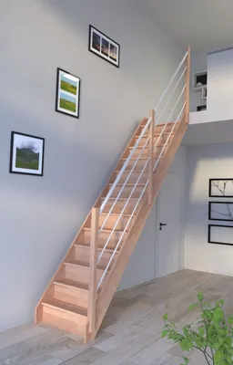 Produktbild von Holztreppe Rhodos in gerader Ausführung-Buche-Holz-Edelstahl Geländer weiß-rechts-mit Setzstufen