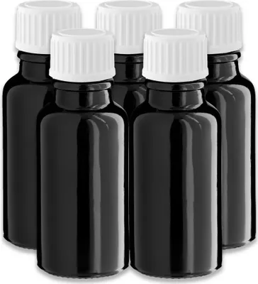 Produktbild von 5x Glasflasche schwarz 20 ml mit weißem PP Schraubverschluss leer Set