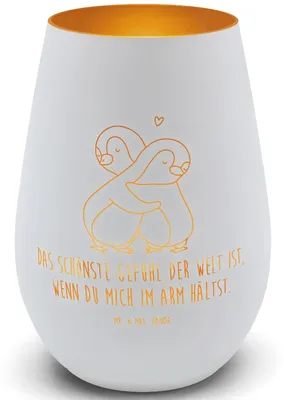 Produktbild von Mr. & Mrs. Panda Kerzenhalter Pinguine Kuscheln - Weiß - Geschenk, Glas Windlicht, für Partner, Valentinstag, Gartenlicht, Laterne, Gold, Männer, Hochzeitstag, Frauen