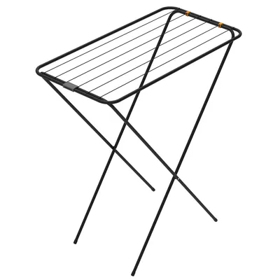 A black drying rack is shown against a white background.