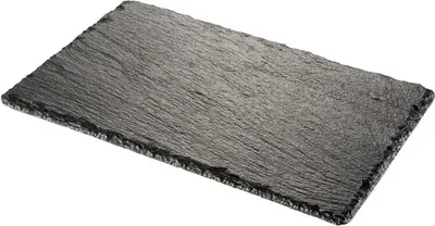 A rectangular slate serving platter on a white background.