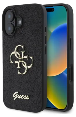 Produktbild von Guess, Hülle für iPhone 16 Plus mit Glitzer und Metall-Logo, Schwarz