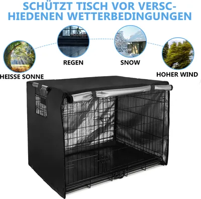 A dog crate covered with a black protective cover, with illustrations showing protection from sun, rain, snow, and wind.