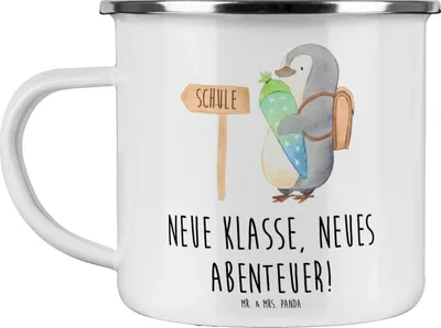 Produktbild von Mr. & Mrs. Panda Emaille Tasse Erster Schultag Abenteuer - Weiß - Geschenk, neue Freunde, Motivtasse, Reise, stark und tapfer, Neuanfang, Campingbecher, Stärke, Beginn