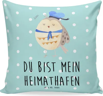 Produktbild von Mr. & Mrs. Panda Sofakissen 40x40 Eule Matrose - Türkis Pastell - Geschenk, Heimathafen, kuschelkissen, Polster, Ehe, Owl, Kissen, Freundin, Deko, Hochzeitstag, für sofa