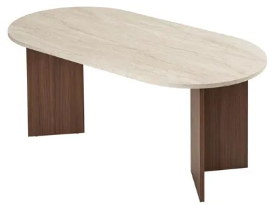 Image de Table à manger Table de salle à manger en bois MDF mélaminé travertin et noyer 180 x 90 x 75 cm charge 70 kg