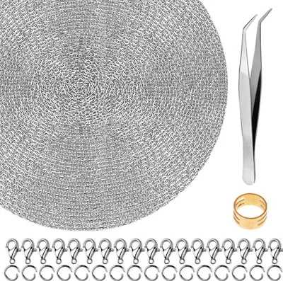 Produktbild von 33 Fu? lange DIY-Gliederkettenhalsketten aus Edelstahl mit 30 Karabinerverschlš¹ssen und 100 Biegeringen zur Schmuckherstellung, 2 mm