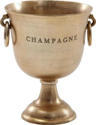 Champagnerkühler Gold Aluminium mit Fuß und seitlichen Henkeln, Frontansicht mit „CHAMPAGNE"-Schriftzug.