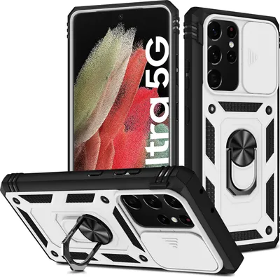 Produktbild von Galaxy S21 Ultra 5G Hülle, Schiebe Kamera Schutz Robust Rüstung Stoßfest Schutzhülle mit Ringhalterung Ständer Kartenhalter für Samsung Galaxy S21 Ultra 5G Grün