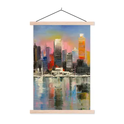 Produktbild von MuchoWow® Textilposter Gemälde - Öl - Skyline - Wasser 60x90 cm mit holzfarbenen Rahmen - Textil