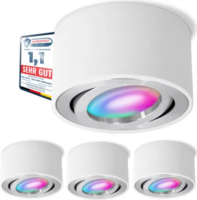 Zdjęcie produktu dla SSC-LUXon zestaw 4 reflektorów natynkowych CELI-1WM płaski biały obrotowy z WiFi LED RGB+ Smart - reflektory sufitowe kompatybilne z Alexa, Siri i Google