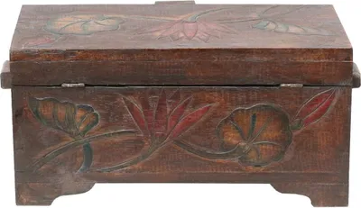 Produktbild von Truhe Holzkiste Holztruhe Schatztruhe Kiste Box Palmenholz Holzbox Blumen Schnitzereien Shabby Used Look Braun Bunt 40 cm