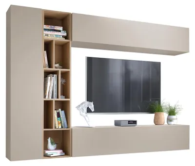 Produktbild von MIRJAN24 Wohnwand Kodita, Praktisch Wohnzimmer-Set, TV-Schrank, Wandschrank, Standregal (Farbe: Cashmere / Cashmere + Eiche Cremona)
