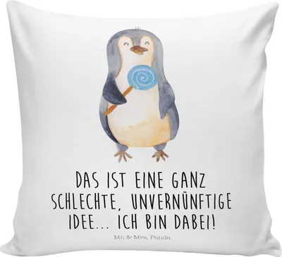 Produktbild von Mr. & Mrs. Panda Zierkissen Pinguin Lolli - Weiß - Geschenk, Blödsinn, kuschelkissen 40x40, Sofa Kissen, Sofakissen, Unvernünftig, Süßigkeiten, Deko, Spruch