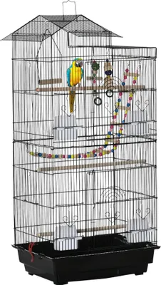 Produktbild von PawHut Vogelkäfig, Metallvoliere mit mehreren Türen, 4 Futterhäuschen, 3 Sitzstangen, Schaukeltreppe und abnehmbarem Tablett für Papageien, Kanarienvögel, Sittiche, 46 x 36 x 100 cm, Schwarz