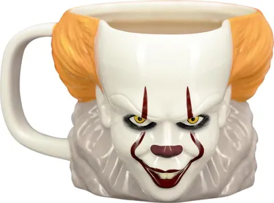 A 3D mug shaped like the character Pennywise from the movie IT.