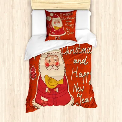 Produktbild von ABAKUHAUS Weihnachten Bettbezug Set für Einzelbetten, Sankt und gelber Vogel, Milbensicher Allergiker geeignet mit Kissenbezug, Orange Elfenbein