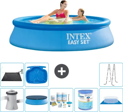 Produktbild von Intex runder aufblasbarer Easy Set-Schwimmpool – 244 x 61 cm – Blau – inklusive Pumpe Abdeckung - Wartungspaket - Filter - Bodenplane - Solarmatte - Leiter