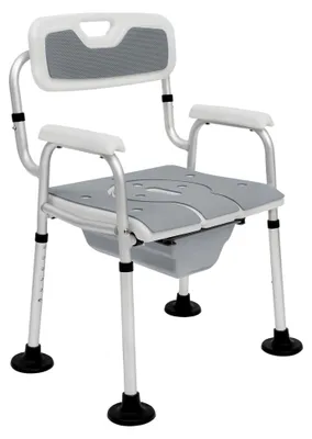 Produktbild von Toilettenstuhl für Senioren mit höhenverstellbarem Nachttischstuhl, Tragfähigkeit 150 KG, rutschfester Duschstuhl mit gepolsterter Sitzfläche und Toiletteneimer (Grau)