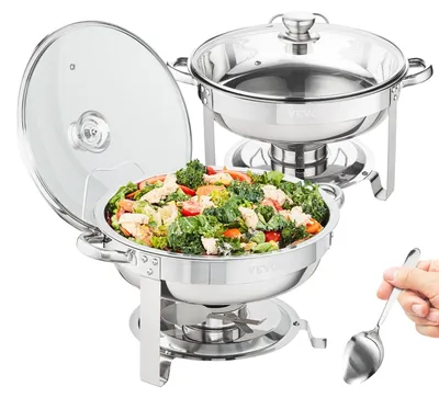 Image de VEVOR 2 pcs. Chafing Dish Profi Set Récipient chauffant acier inoxydable + verre Buffet Set Rond 2 x 3,5 L, 33,5 x 33,5 x 7 cm Chaque récipient, chauffe-plat pour buffets, fêtes de famille, banquets, mariages, etc.