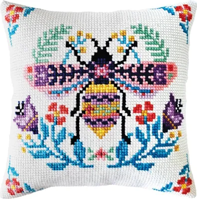 Produktbild von CDA Kreuzstichkissen Stickpackung "Blumenbiene", bedruckt, 40x40cm