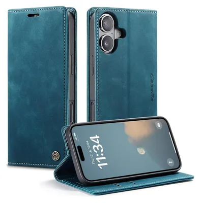 A product shot of a dark cyan blue phone case for an iPhone 16 Plus, shown from multiple angles, including one with the phone inside and open.