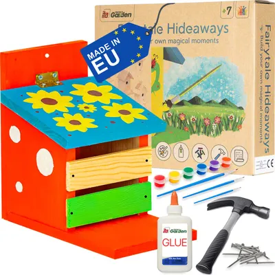 Produktbild von ITA DIY Futterhaus für Eichhörnchen zum Zusammenbauen und Bemalen BushyBite - Komplett Bausatz mit Hammer, Nägeln, Farben zum Bauen und Malen für Kinder - Bastelset für Jungen & Mädchen