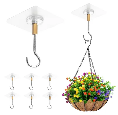 Produktbild von 6 selbstklebende Deckenhaken, kein Bohren erforderlich, transparente selbstklebende Deckenhaken, rostfreie Edelstahlhaken, starke Haftung, wiederverwendbar, ideal zum Aufhängen von Pflanzen, in der Küche, im Badezimmer, auf dem Balkon und im Haus.