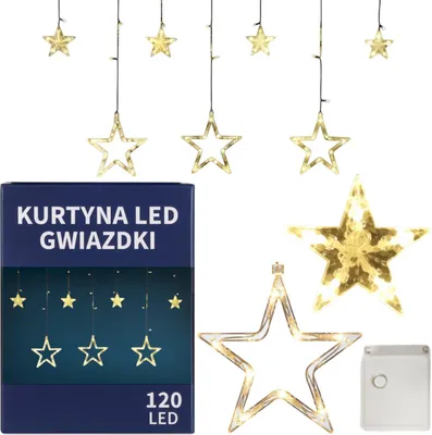 Zdjęcie produktu dla Kurtyna Świetlna Gwiazdki Ozdoby Świąteczne Lampki 120 Led Ciepły Biały