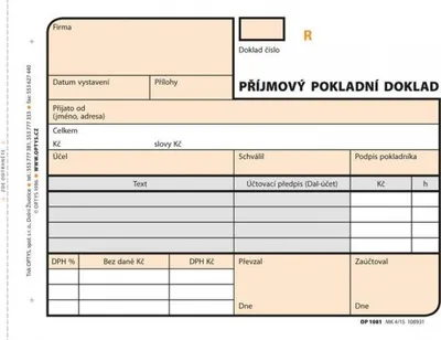 Zdjęcie produktu dla Tiskopis Příjmový pokladní doklad Optys, A6, samopropisovací, číslovaný, 2x50 listů