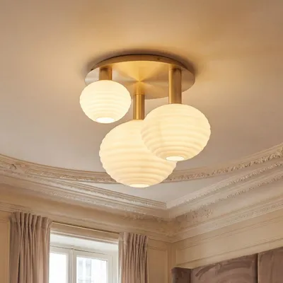 Produktbild von Deckenlampe Metall Glas 53,5 cm breit in Gold Weiß 3-flammig E27 Modern Deckenleuchte innen Wohnzimmerlampe