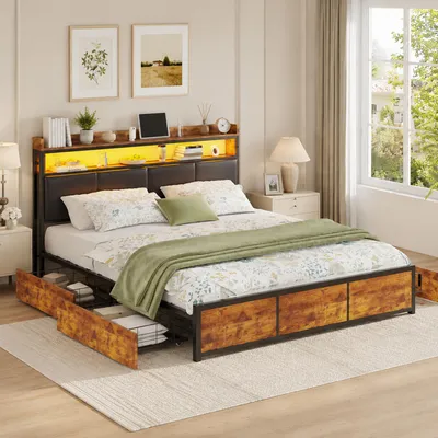 Immagine prodotto di Letto imbottito INONEFT, 160x200 cm, letto matrimoniale con 4 cassetti, struttura in metallo con rete a doghe in ferro, testiera con LED e spazio contenitivo, rivestimento in PU, colore nero